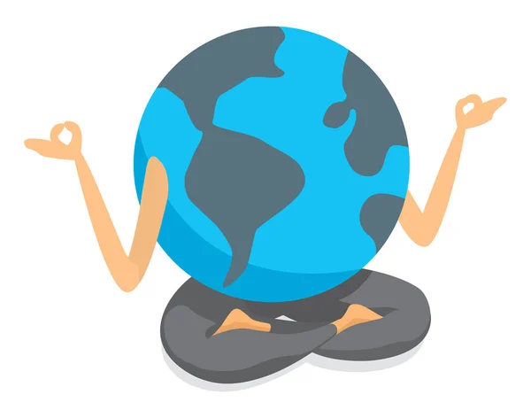 Cartoon Illlustration Planet Earth Practising Yoga Lotus Position — Stock Vector
