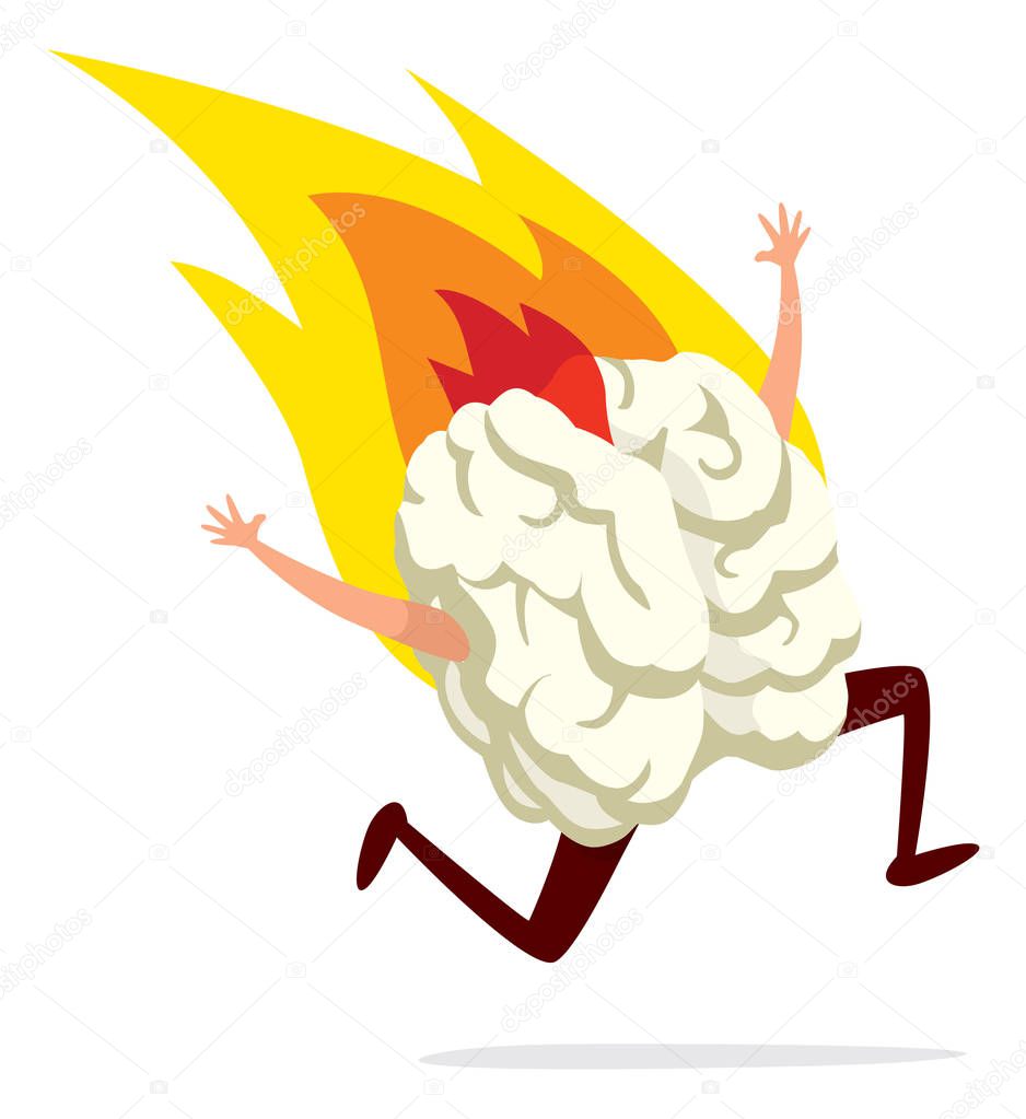 Cartoon illustration of human brain running on fire