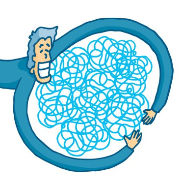 Karikatür çizimi gülümseyen adam kaosu kabul öğrenme 