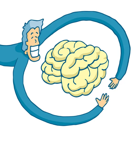 Dibujos Animados Ilustración Hombre Feliz Abrazando Cerebro — Vector de stock