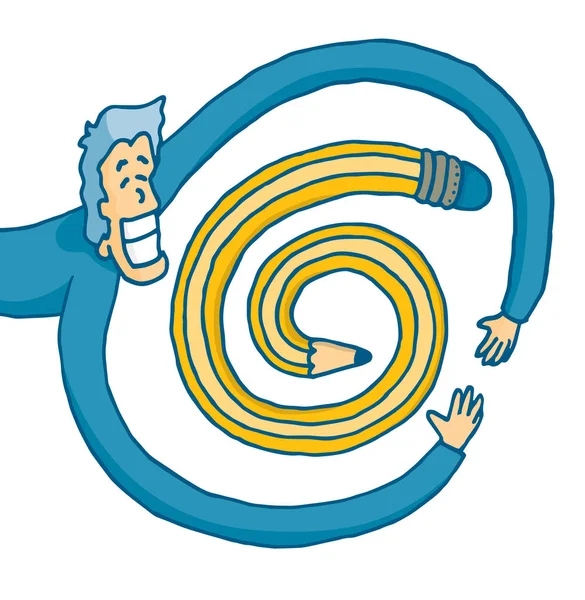 Cartoon Illustration Lycklig Man Kramas Spiral Penna — Stock vektor