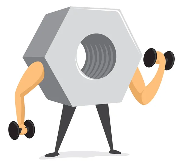 Cartoon Illustration Metal Nut Lifting Heavy Weights — Stock Vector