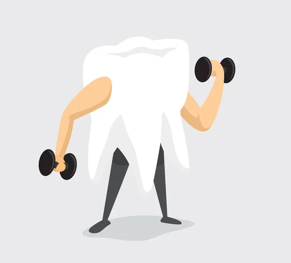 Cartoon Illustration Strong Tooth Lifting Weights — Stok Vektör