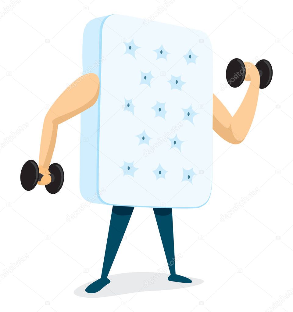 Cartoon illustration of strong mattress lifting weights