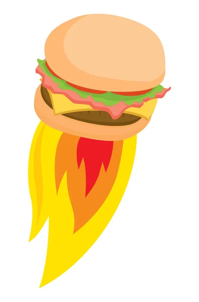 Illustrazione Del Cartone Animato Gustosi Hamburger Che Esplodono Fiamme — Vettoriale Stock