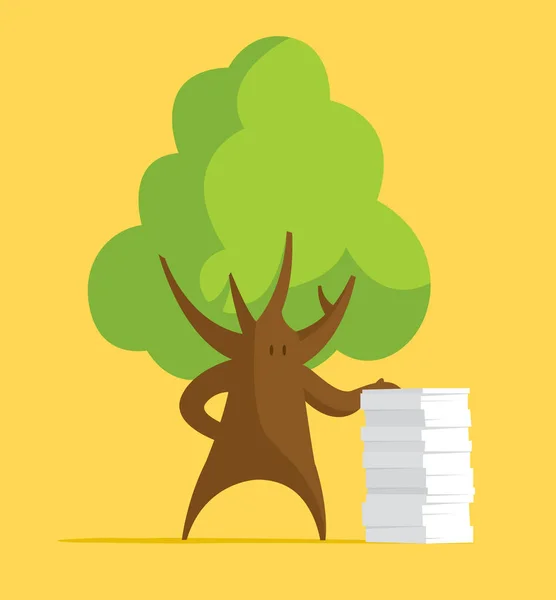 Karikatur Eines Baumes Der Sich Auf Einen Papierstapel Stützt — Stockvektor