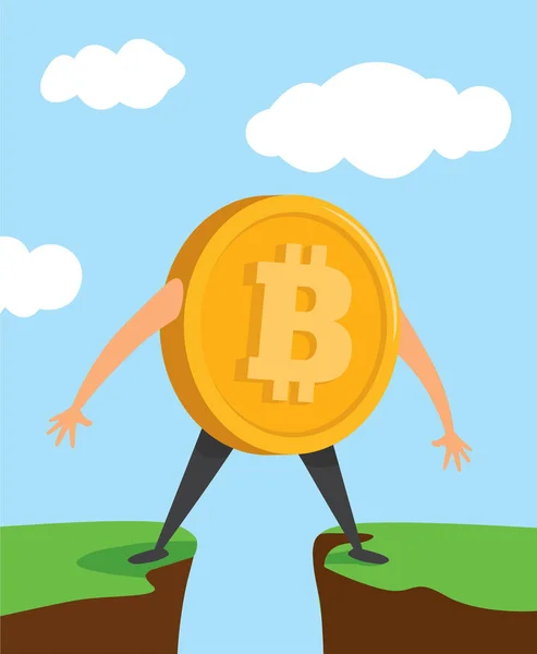 Cartoon Illustration Bitcoin Valuta Står Mellan Klipporna — Stock vektor