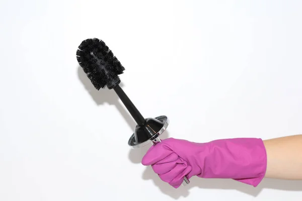 Photo Woman Hand Latex Gloved Hand Woman Holds Toilet Brush — Stock Photo, Image