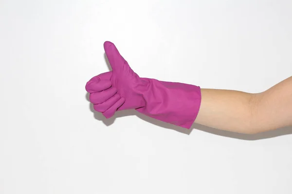 Rubber Gloves Worn Female Hand Hand White Background — Stock Photo, Image