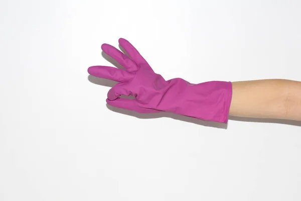 Der Weiblichen Hand Werden Gummihandschuhe Getragen Hand Auf Weißem Hintergrund — Stockfoto