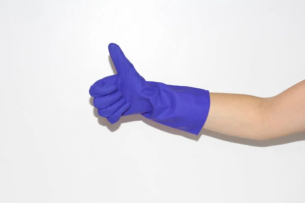 Rubber Gloves Worn Female Hand Hand White Background — Stock Photo, Image