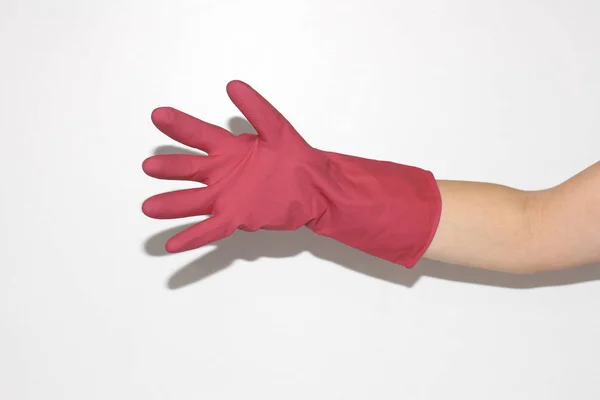 Rubber Gloves Worn Female Hand Hand White Background — Stock Photo, Image