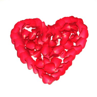 Kırmızı kalp gül yaprakları. Aşk sembolü gül bir kalp şeklinde dışarı atılır. Beyaz bir arka plan üzerinde Hearts.
