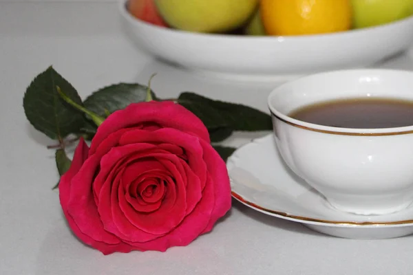 Useful Morning Breakfast Your Sweetheart Rose Tea Fresh Fruits White — Stock Photo, Image