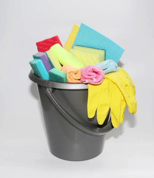 Bucket Tools Cleaning Apartment Office One Photo Bucket Latex Gloves — Stock Photo, Image