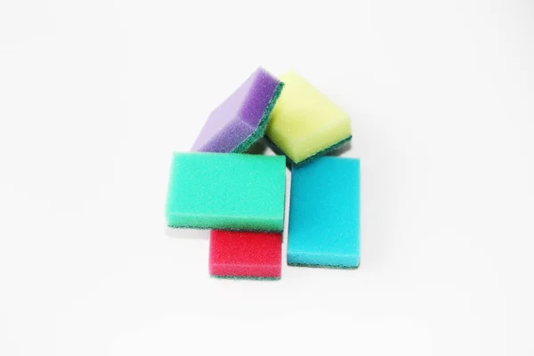 Five Multi Colored Sponges Cleaning Apartment Washing Dishes Photo White — Stock Photo, Image