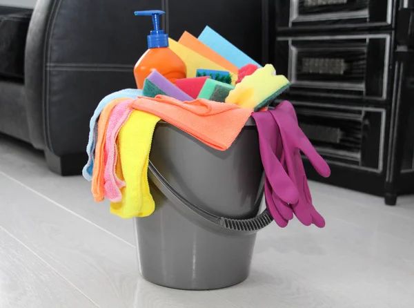 Háztartás - házak, lakások és irodák. Csalihalas vödör tisztítószerek esetében tisztítása. — Stock Fotó