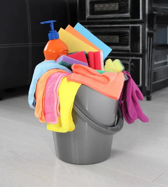 Háztartás - házak, lakások és irodák. Csalihalas vödör tisztítószerek esetében tisztítása. — Stock Fotó