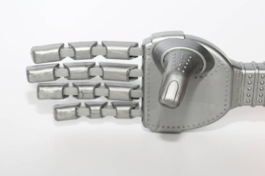 Robot eli. Metal el cyborg. Close. Beyaz arka plan.