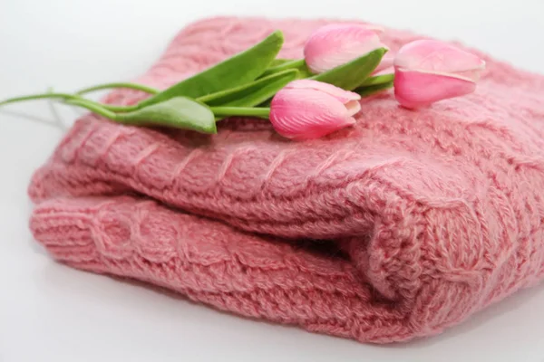 El suéter es complicado. En el suéter hay tres tulipanes rosados . — Foto de Stock
