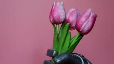 Robot çiçek veriyor. Robotların elinde üç lale var. 8 Mart, Kadınlar Günü. Hediye. Pembe arka plan. Akıllı robot.