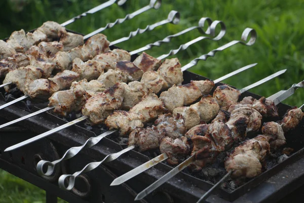 Broches de barbecue de cuisson. Le kebab mariné est grillé au charbon de bois . — Photo