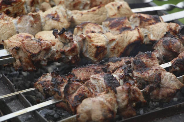 Broches de barbecue de cuisson. Le kebab mariné est grillé au charbon de bois . — Photo