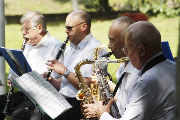 Blasmusik. Viele Menschen spielen im Park Trompeten. — Stockfoto