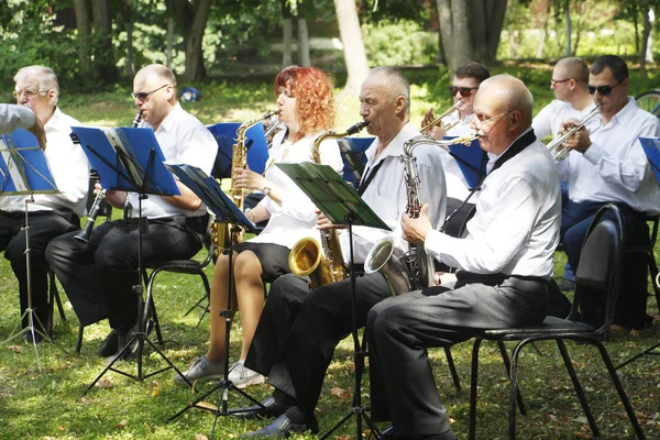 Blasmusik. Viele Menschen spielen im Park Trompeten. — Stockfoto