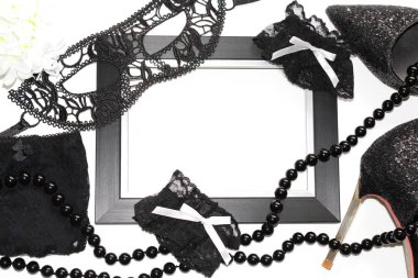 Düz Lay. Cinsel gardırop eşyaları. Fotoğraf dergiler ve kartpostallar için.