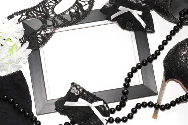 Düz Lay. Cinsel gardırop eşyaları. Fotoğraf dergiler ve kartpostallar için.