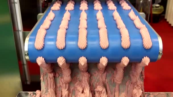 在蓝色生产线上做甜粉色的蛋白糖 一种带传送机的烘烤机 其上装有糖果 显示了该机器的运行情况 — 图库视频影像