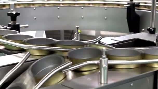 生产过程中的空罐体通过生产线 罐装食品生产过程中输送带的运动 空罐输送带 — 图库视频影像