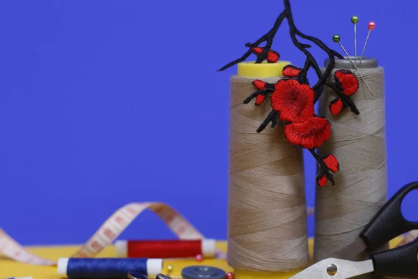 Two large spools of thread stand on a blue background.