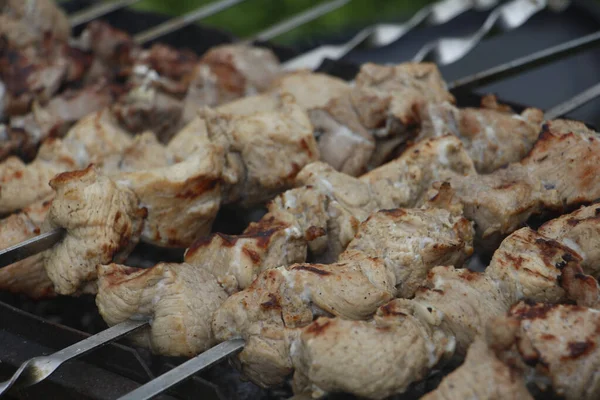 Broches de barbecue de cuisson. Le kebab mariné est grillé au charbon de bois . — Photo