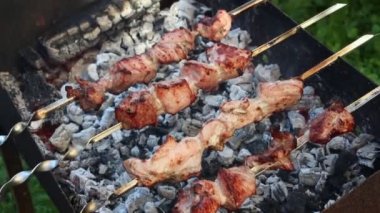 Barbekü şişi pişiriyorum. Terbiye edilmiş kebap mangal kömüründe kızartılır. Şiş kebap ızgarası kuzu eti, domuz eti, sığır eti ve tavuktan yapılmıştı. Barbekü ızgarasında biftek şişi. Şiş şiş.. 