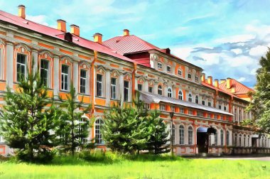Kutsal Üçlü Alexander Nevsky Lavra St Petersburg Rusya Kolordu. Yaz güneşli gün, yeşil ağaçlar ve otlar. Dijital suluboya resim.