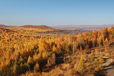 Uzakta ki orman ın ve köyün sonbahar panoraması