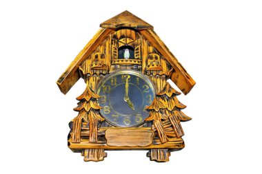 Beautiful wall clock in the form of a wooden house clipart