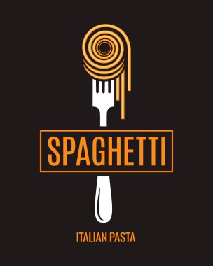 Spagetti çatalı tasarımı. İtalyan makarna logosuna siyah arka plan