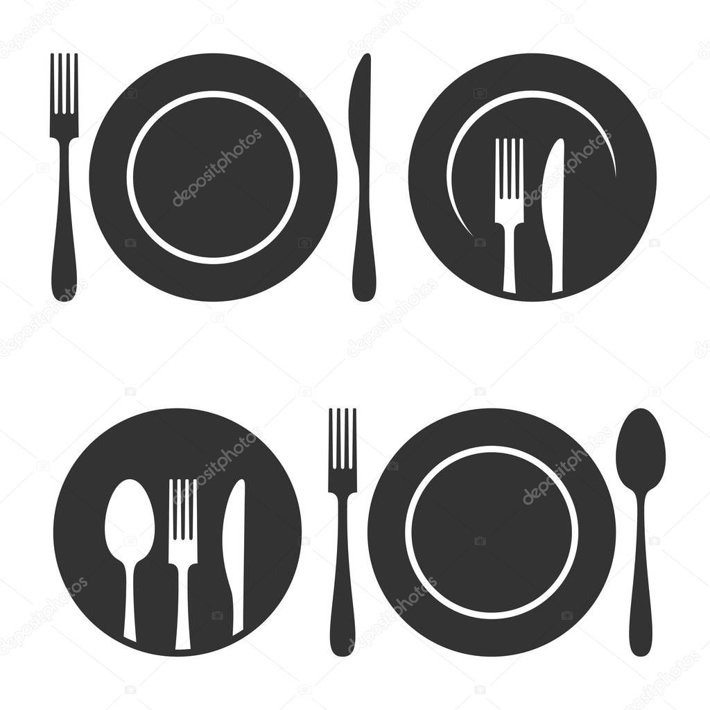 Plate with fork and knife icons set on white background 8 eps