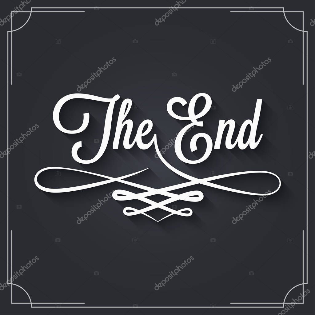 The end sign. Vintage movie ending frame on black background 10 eps