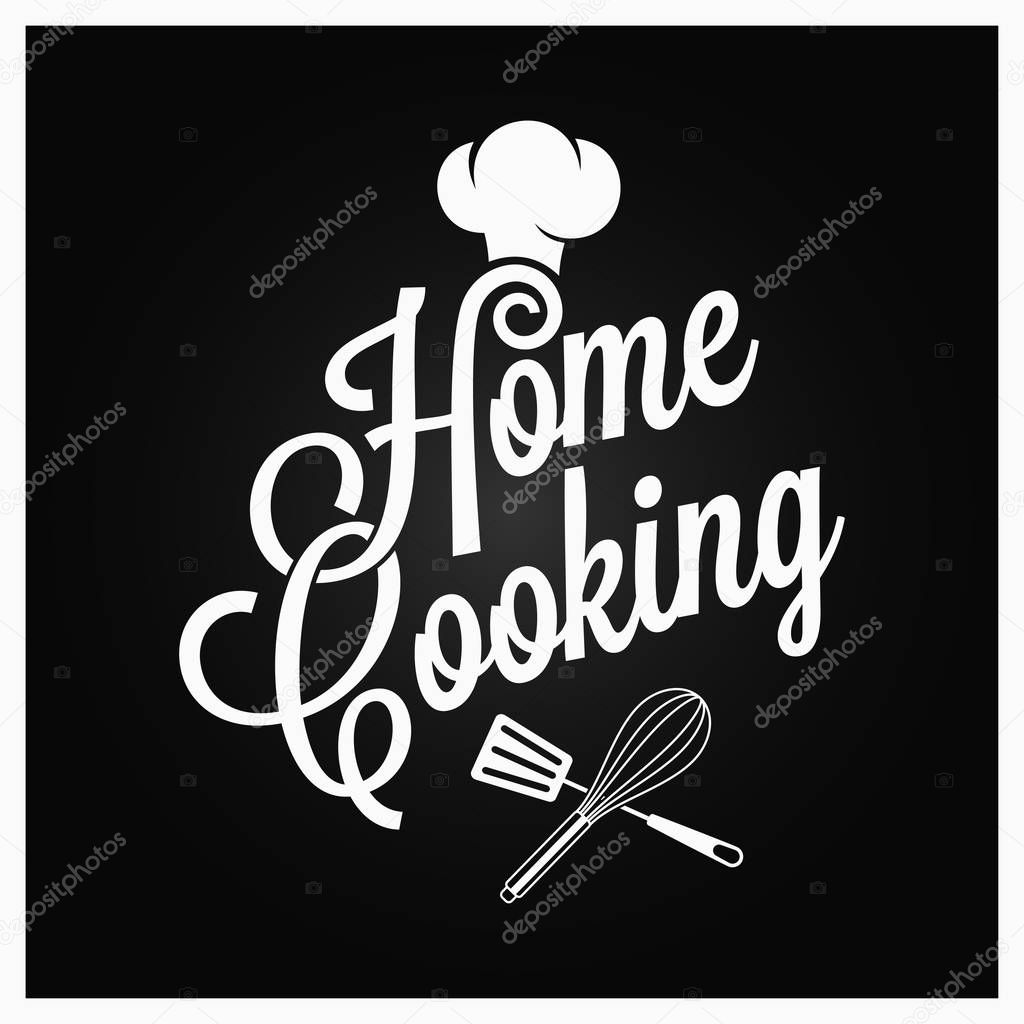 Home cooking vintage lettering with kitchen utensils on dark background 8 eps