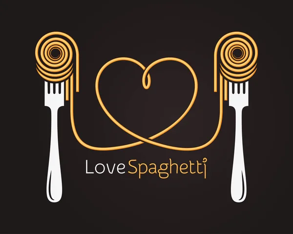 J'adore le concept des spaghettis. Pâtes avec fourchette sur fond noir — Image vectorielle