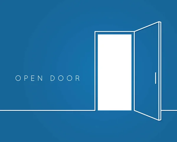 Öppna dörren line koncept. Blå rummet logo vector bakgrund — Stock vektor