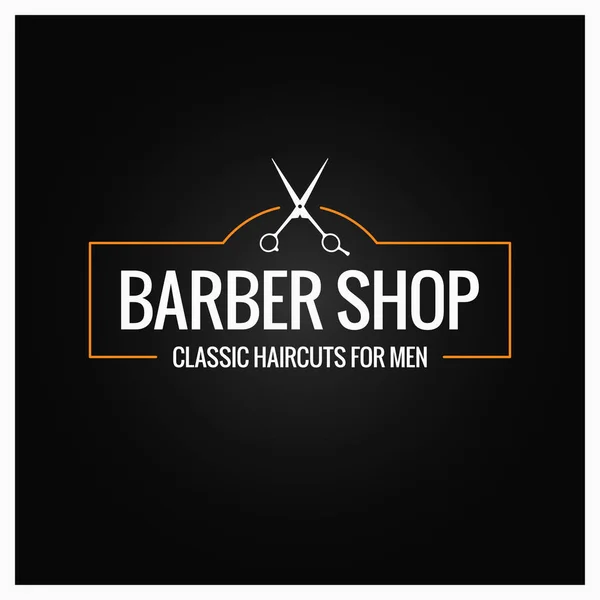 Logotipo da barbearia com tesoura de barbeiro no fundo preto — Vetor de Stock