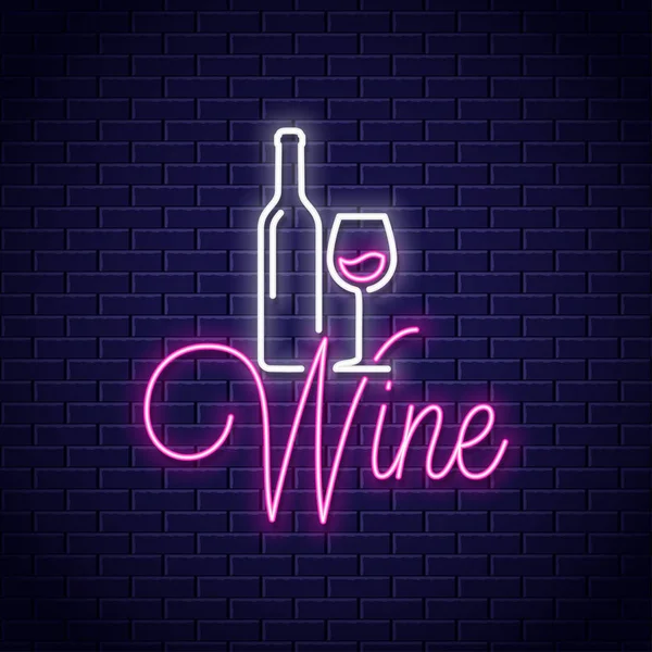 Banner de neón de vino. Signo de neón de botella y copa de vino en el fondo de la pared — Vector de stock