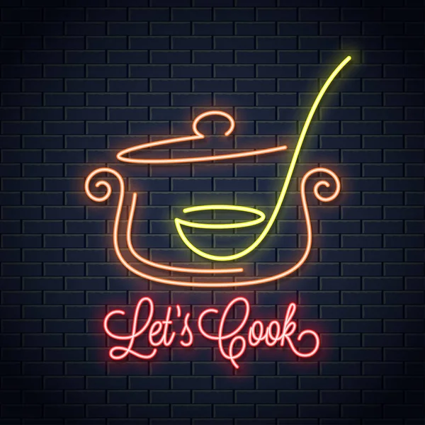 Pan with ladle neon sign. Kitchen spoon in a Saucepan pot neon banner — Stock Vector