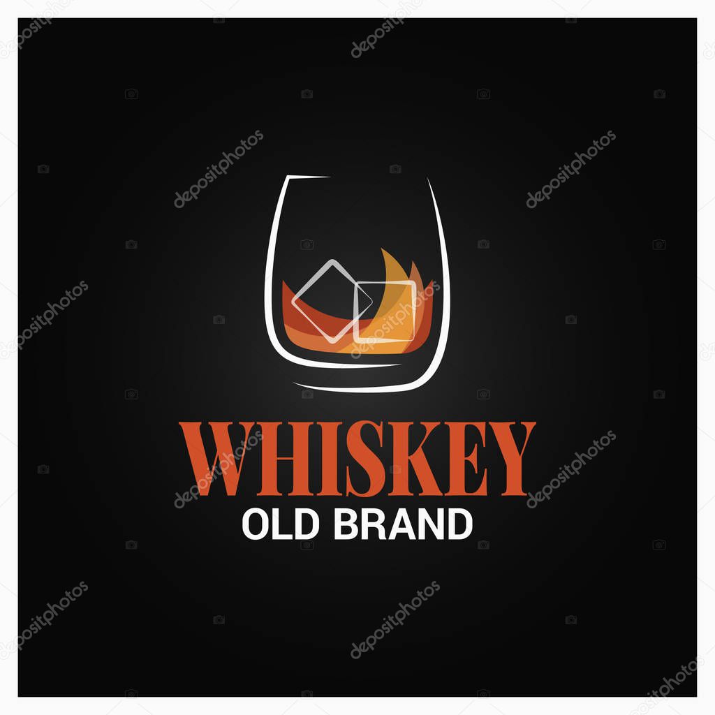 Whiskey glass with ice logo. Brand of whisky design on black background 10 eps