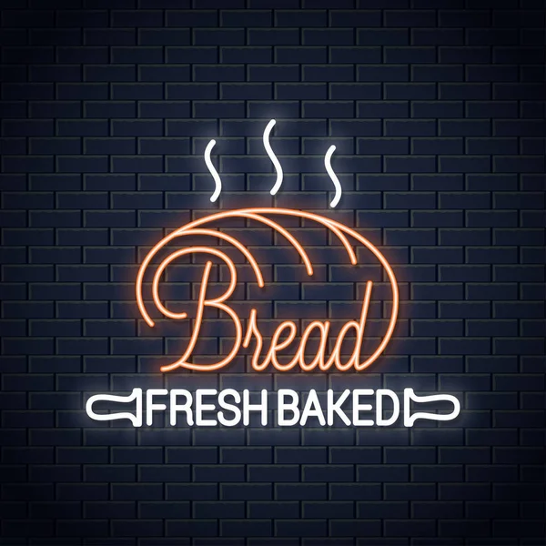 Bread neon banner. Bakery neon sign on wall background — Stock Vector